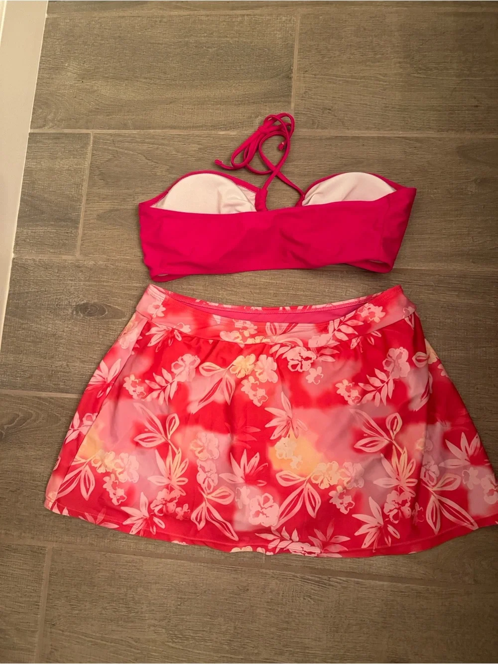 Hot Pink Bandeau Bikini Top with Floral Skirted Bottom